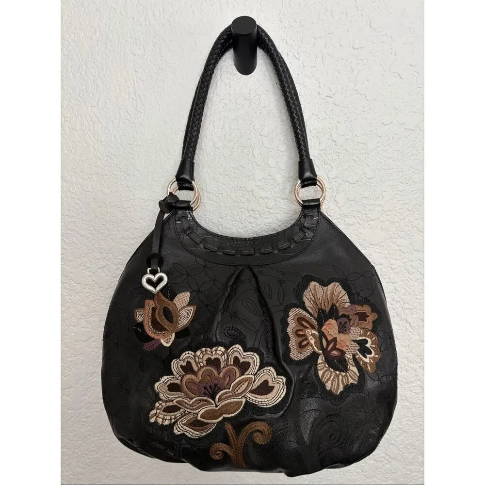Brighton Valencia Black Leather Floral Embroidered Hobo Bag NWOT Heart Charm